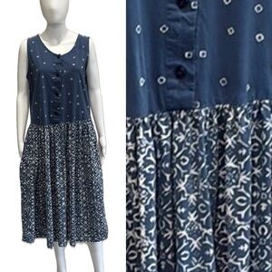 Blue Ginger Ikat Mixed Print Sundress Size M Button Front Pocket Midi Dress